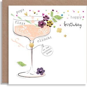 Carte faite main G & T cocktail d'anniversaire - carte de voeux d'anniversaire artisanale - carte de boissons cocktail au gin rose - carte florale artisanale