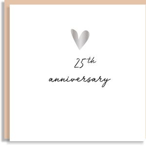 Biglietto d'auguri per il 25° anniversario con cuore d'amore in lamina d'argento - Nozze d'argento - Congratulazioni personalizzate, biglietto moderno e minimalista contemporaneo