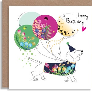 Carte de fête d'anniversaire de chien teckel - carte de ballons botaniques aquarelle - carte de voeux faite main illustrée à la main