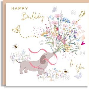 Geburtstags-Hund mit Blumenstraußkarte - hübsche Wildblumen-Bienen-Schmetterlinge - Hand-Illustrierte botanische Kunst niedlicher Marienkäfer - Liebes-Hirsch