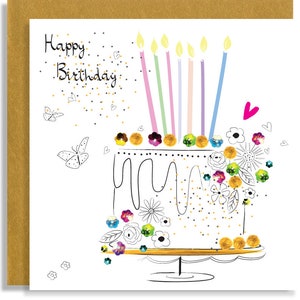 Carte de fête de gâteau d'anniversaire - carte faite main florale de coeur d'amour - carte de voeux dessinée à la main - carte embellie finie à la main
