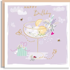 Carte cadeau d'anniversaire cocktail floral - Gin Tonic G&T avec fleurs sauvages abeilles - Jolie coccinelle papillon mignonne d'art botanique illustrée à la main