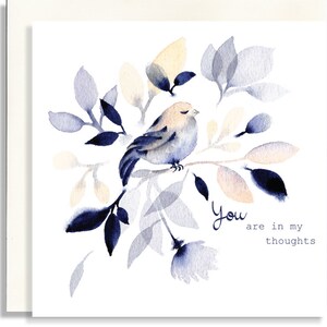 Aquarelle florale Thinking of You Bird Sympathy Carte de voeux illustrée à la main faite à la main et pailletée à la main