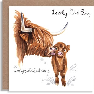 Nouveau bébé vache écossaise Highland Cattle - carte de voeux personnalisée pour bébé - carte illustrée à l'aquarelle et lettrage à la main - carte pour bébé