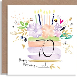 Cartão de bolo de aniversário dos 70º, 80º e 90º anos - Cartão feito à mão em aquarela - Marco feito com lantejoulas - Cartão personalizado