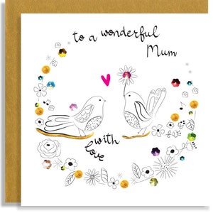 Maman oiseaux avec fleurs et coeur d'amour fait main - carte de voeux artisanale pour maman - carte pour amoureux des oiseaux