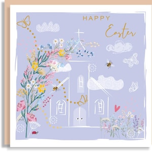 Jolie carte florale de Pâques église - fleurs sauvages des prés de printemps avec abeilles et papillons - joyeuses Pâques - carte personnalisée illustrée à la main