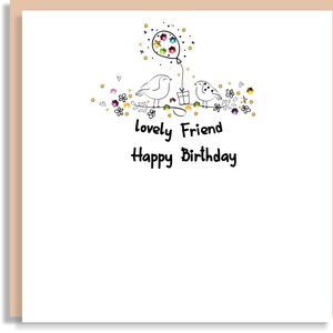Cartão feito à mão de pássaros amigos com balões - cartão de felicitações feito à mão para um amigo - cartão de aniversário de amigo escrito à mão - cartão de festa de amigo