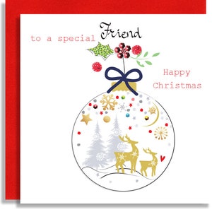 Personalised Friend Christmas Bauble - Festive Deer Bauble Handmade Card - Handcrafted Christmas Greeting Card - Christmas Card For a Friend