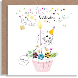 Topo di compleanno con cappello da festa Biglietto fatto a mano - Biglietto d'auguri artigianale per cupcake di compleanno - Simpatico biglietto di compleanno per gli amanti degli animali