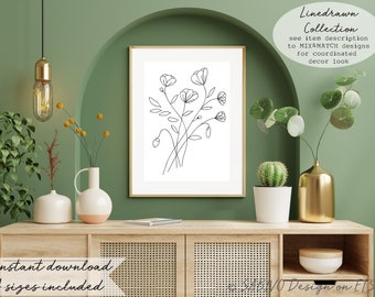 Poppies Floral Minimal Art, Printable Linedrawn Art, Digital Print, Monochrome Instant Download, Office DIY Scandi Wall Decor Living Room