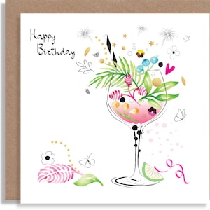Carte d'anniversaire gin tonic, carte d'anniversaire boisson cocktails, carte illustrée aquarelle, carte de voeux personnalisée faite main, carte pour ami