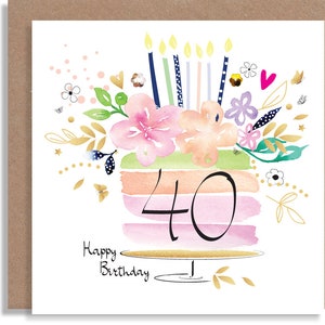 Biglietto d'auguri personalizzato fatto a mano con torta di compleanno per il 40° 50° 60° compleanno con acquerello