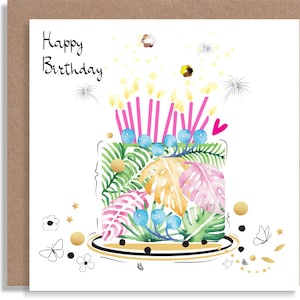 Gâteau d'anniversaire Botanique Fête Aquarelle Faite main Carte de voeux illustrée à la main