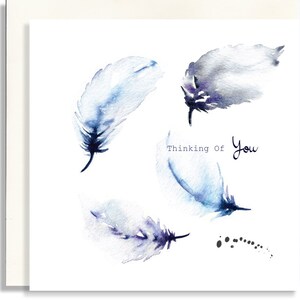 Carte de sympathie en pensant à vous - carte faite main aquarelle de plumes - carte de voeux personnalisée - carte pour le deuil
