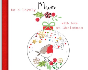 Mamma Robin personalizzata con lettera Pallina di Natale - Biglietto fatto a mano con pallina festiva - Biglietto di auguri di Natale artigianale - Biglietto per la mamma