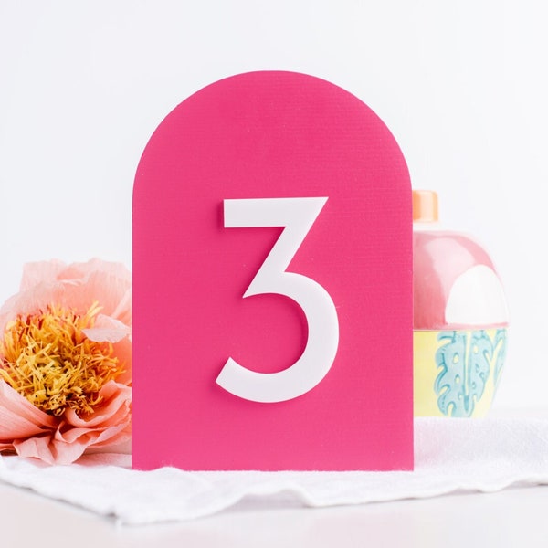 Custom Table Numbers with Arch Backers | Painted Wood Backer | Acrylic Numbers | Great for Wedding, Dinner Dance, Seated Event