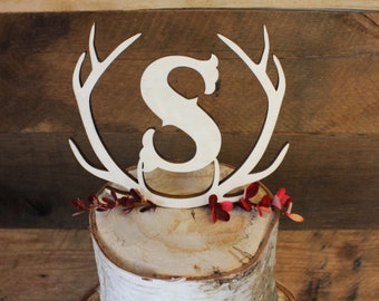 Wood Antler Monogram Cake Topper | Buck, Deer, or Elk Cake Topper | Wedding Cake Topper with Initial | Unfinished Wood