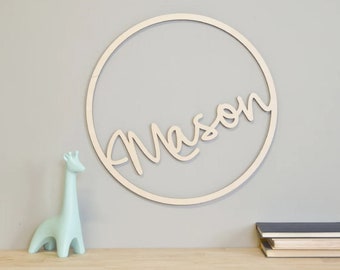 Wood Hoop Name Sign | Painted or Stained | Circle Custom Wood Name Cutout  |  Home Decor with First Name or Last Name