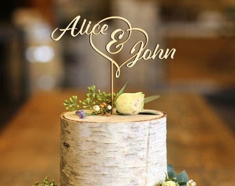 First Names & Heart Wood Cake Topper | Wedding Cake Topper | Anniversary Cake Topper