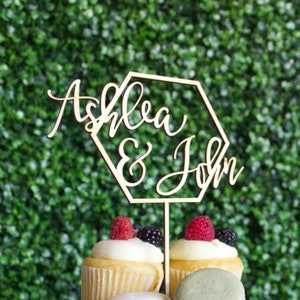 Custom First Names Hexagon Wedding Cake Topper: Unfinished Baltic Birch