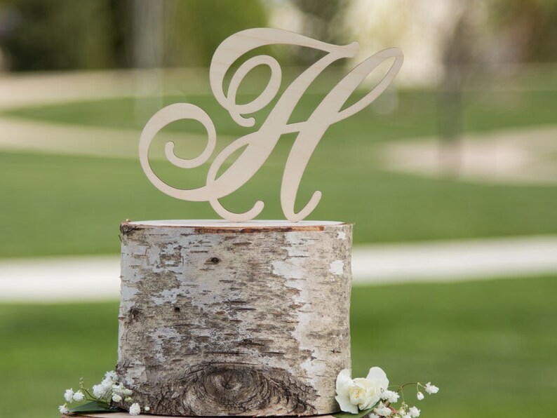 wood wedding cake topper with custom monogram