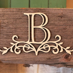 Scroll Wood Monogram | Unfinished Wooden Monogram with Scrolling Laurel Vine | DIY Monogram for Wreath Accent or Home Decor