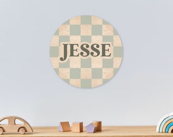 Green Checkered Name Sign: Retro Nursery Decor, 18" Wood Round