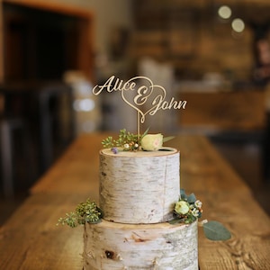 First Names & Heart Wood Cake Topper | Wedding Cake Topper | Anniversary Cake Topper | Unfinished Wood