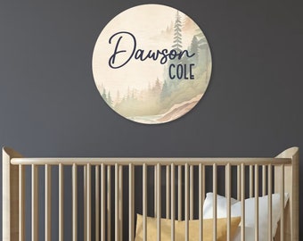 Letrero redondo con diseño de bosque en acuarela / Círculo de madera de 45 cm con nombre impreso y diseño de naturaleza / Decoración para habitación infantil