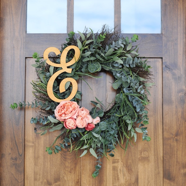 Custom Wreath Wood Letter: Unfinished Laser Cut Script Monogram