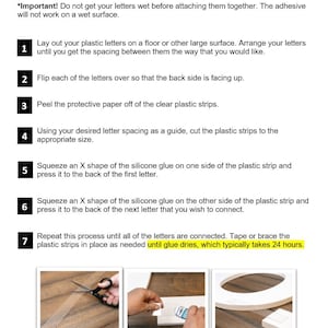 May include: A document titled Instructions for Attaching Thin Plastic Letters Together for the Pool, featuring seven numbered steps and three photographs showing scissors cutting a clear strip, glue application, and the connection of white letters.