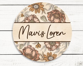 Wildflower Round Name Sign  | Round Wood Circle With Printed Name with Floral Design | Nursery Decor