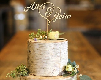 First Names & Heart Wood Cake Topper | Wedding Cake Topper | Anniversary Cake Topper