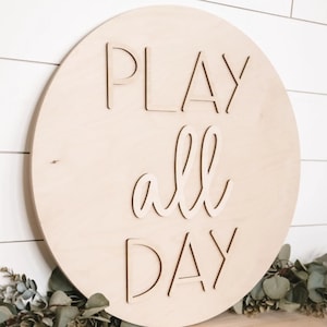 Play All Day Wood Sign Kit | DIY Craft Kit | Wooden Playroom Sign | Playroom Decor | Unfinished Wood Circle And Letters | Add Your Own Paint