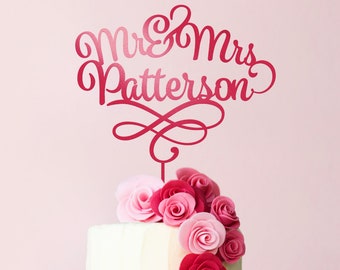 Mr & Mrs Last Name Filigree Colorful Cake Topper | Personalized Wedding Cake Topper