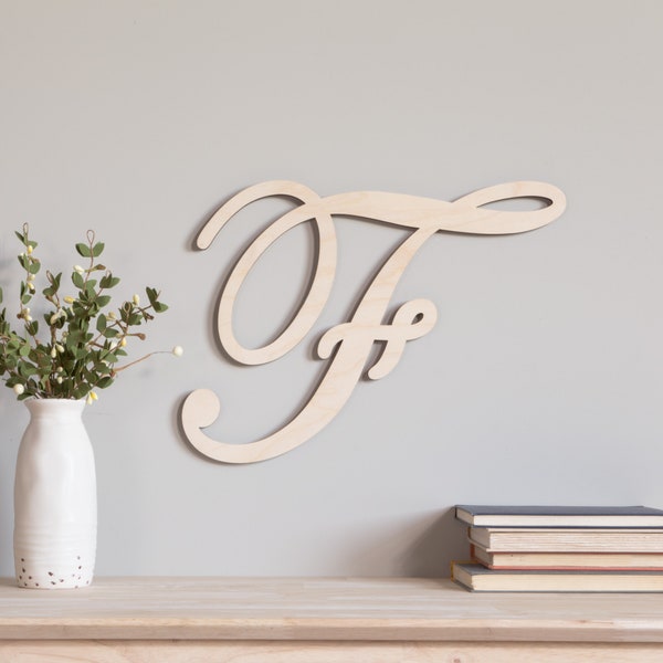 Fancy Wood Monogram | Script Cursive Initial Letter | Wooden Script Letter | Wreath Monogram | Unfinished Wood DIY Monogram