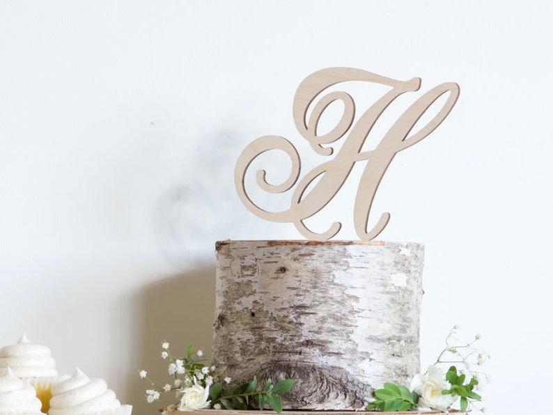 wood wedding cake topper with custom monogram