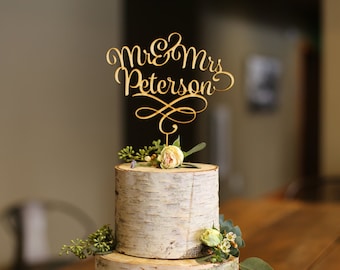 Mr & Mrs Last Name Filigree Wood Cake Topper | Elegant Wedding Cake Topper  | Laser Cut Wood
