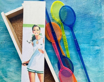 Hand Decorated Wooden Box of Tennis Racket Stir Sticks, Tennis Lover Keepsake Box, Alcohol Gift, Home Bar Accessory, Bartender Mixologist