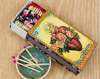El Corazon Matchbox, Sacred Heart, Matches, Mexican Art, Candle Present, Upcycled, Fireplace Matches
