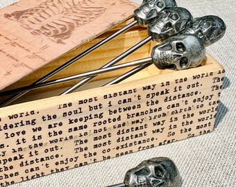 Skeleton / Skull Wooden Box of Metal or Wood Cocktail Picks. Halloween Decor, Home bar