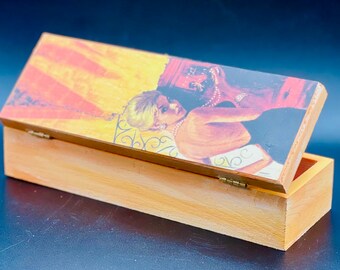 Beautiful Hand Decorated Wooden Mystery Box with a surprise mix of 20 Assorted Retro Stir Sticks , Keepsake or Jewelry Box