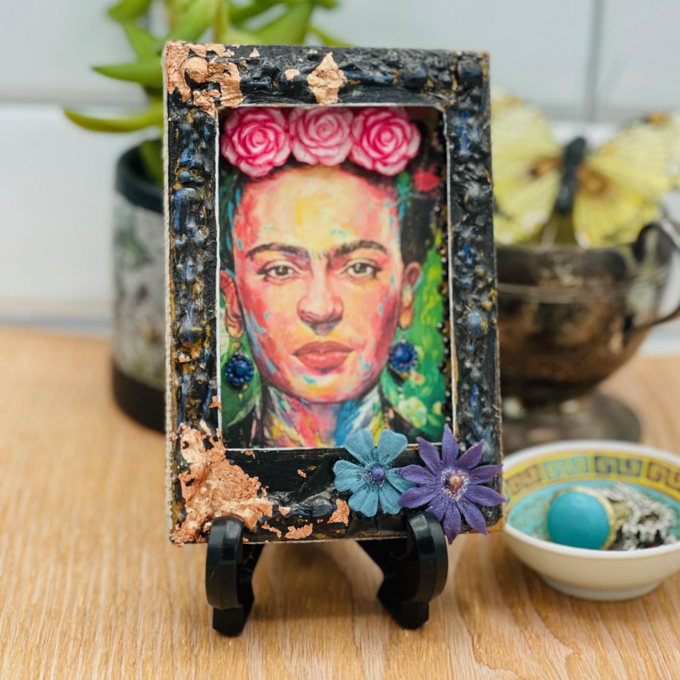 Frida Kahlo Framed Wall Art, Frida Inspired, Boho Floral, Feminist Artwork, Female Icon, Mixed Media