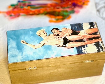 Caja de madera con palitos para mezclar, decorada a mano (12 unidades), ideal para guardar recuerdos, para homosexuales, LGBTQ, bares, fiestas, retro, gays y playa.