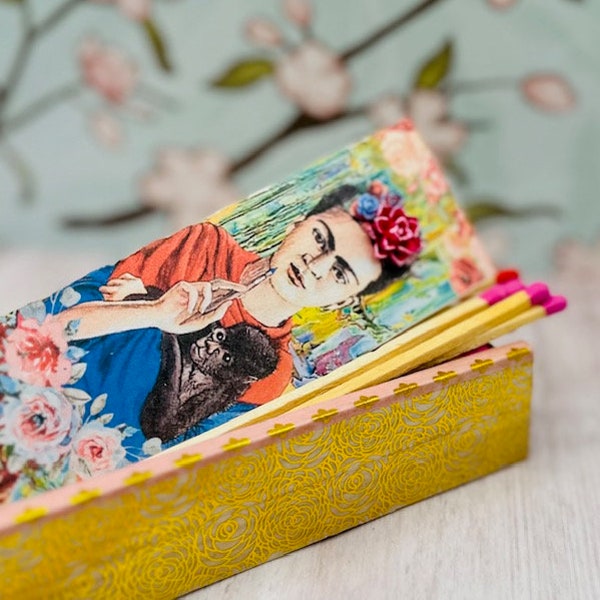 Frida Kahlo Wooden Matchbox, Frida Fan, Beautiful Wooden Fireplace Matches, Cigar Matches, Tobacciana, Incense Lighter, Matchbox Art