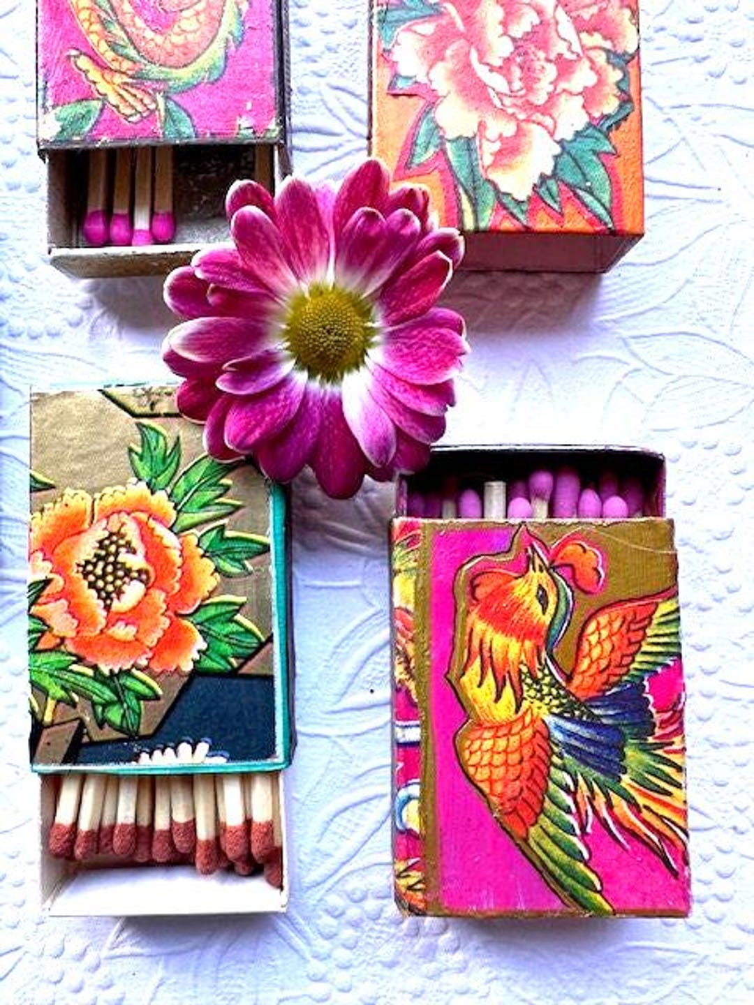Pink Floral Chinoiserie Matchbox Set of 5, Beautiful One-of-a-kind Set ...