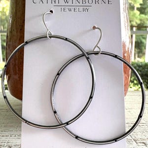 Oxidized Recycled Sterling Silver Hoop Earrings: Hand Forged 2-Inch Hoops