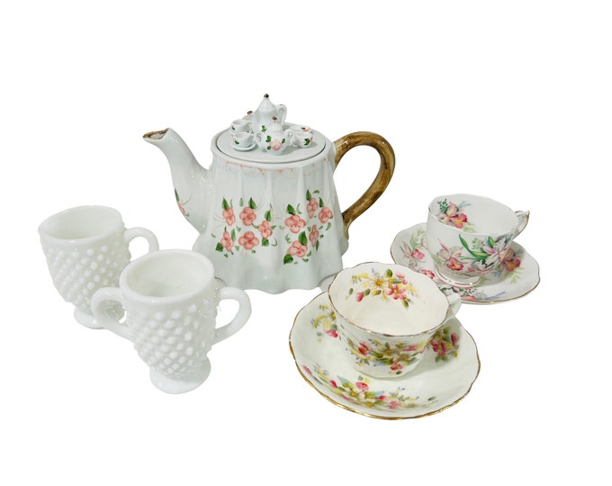 1940s English Afternoon Tea Party for Two - Porcelain & Milk Glass