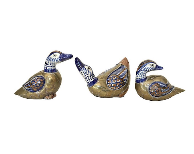 Hand-Made Brass & Ceramic Tonala Ducks, S/3